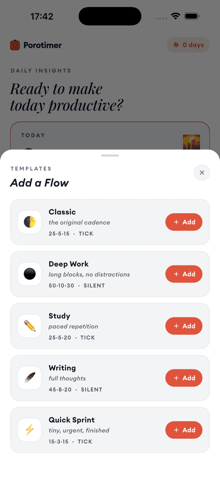 The Add a Flow sheet, listing the five built-in templates