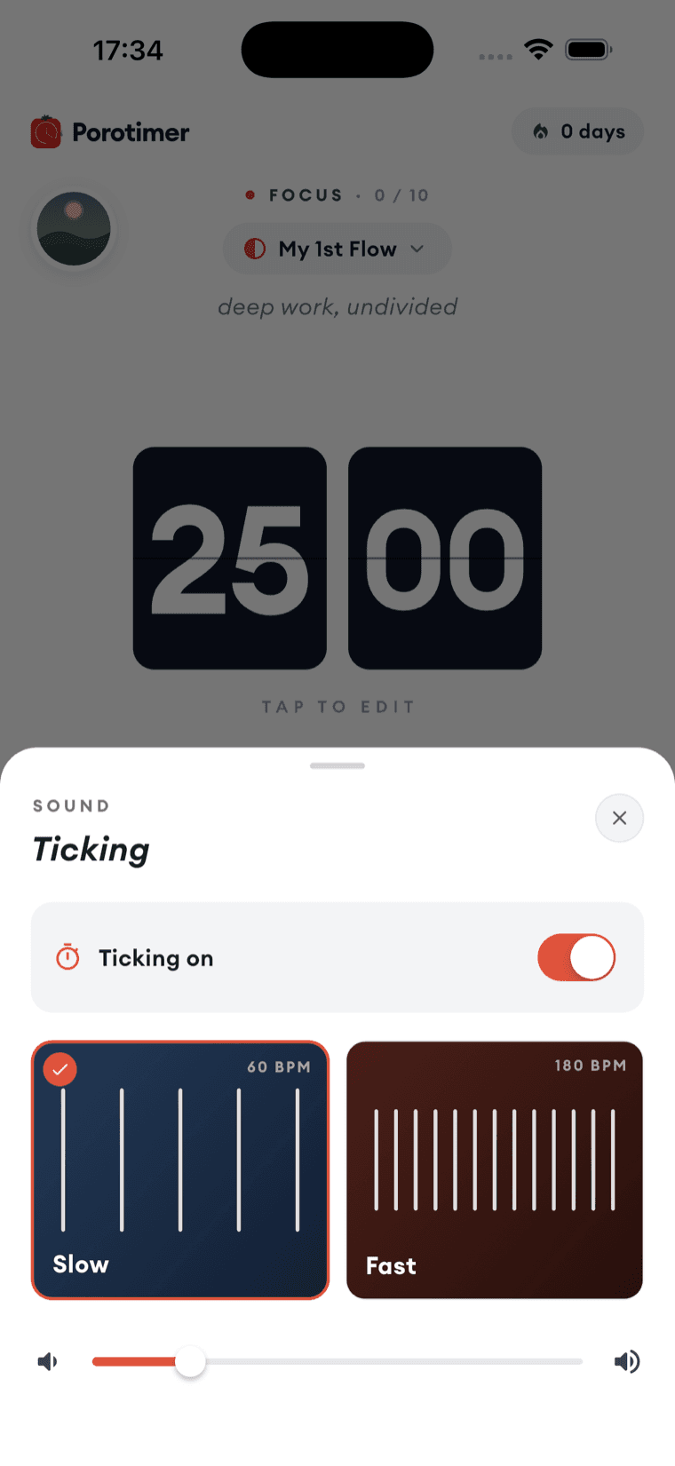 The ticking sheet, with slow and fast tempos and a volume slider
