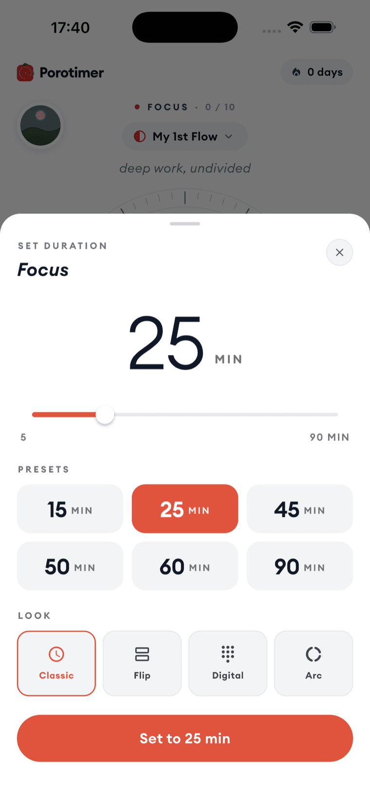The duration sheet, with a slider from 5 to 90 minutes, six presets, and the look picker
