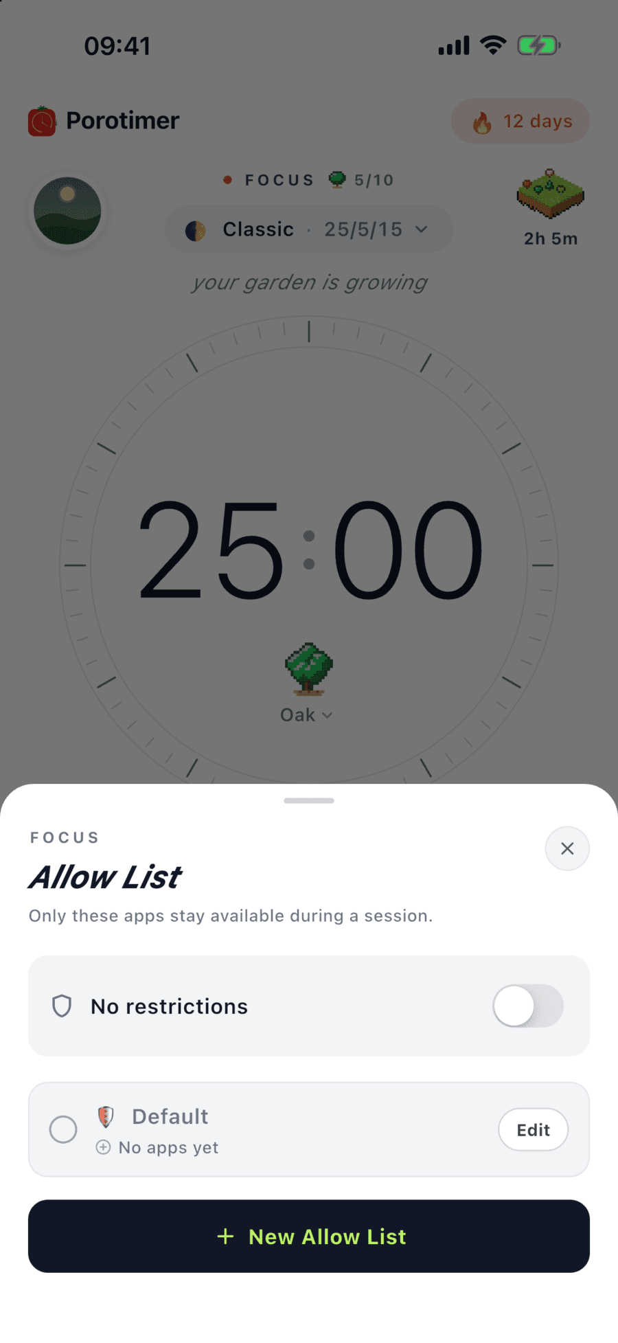 The Allow List sheet over the dial