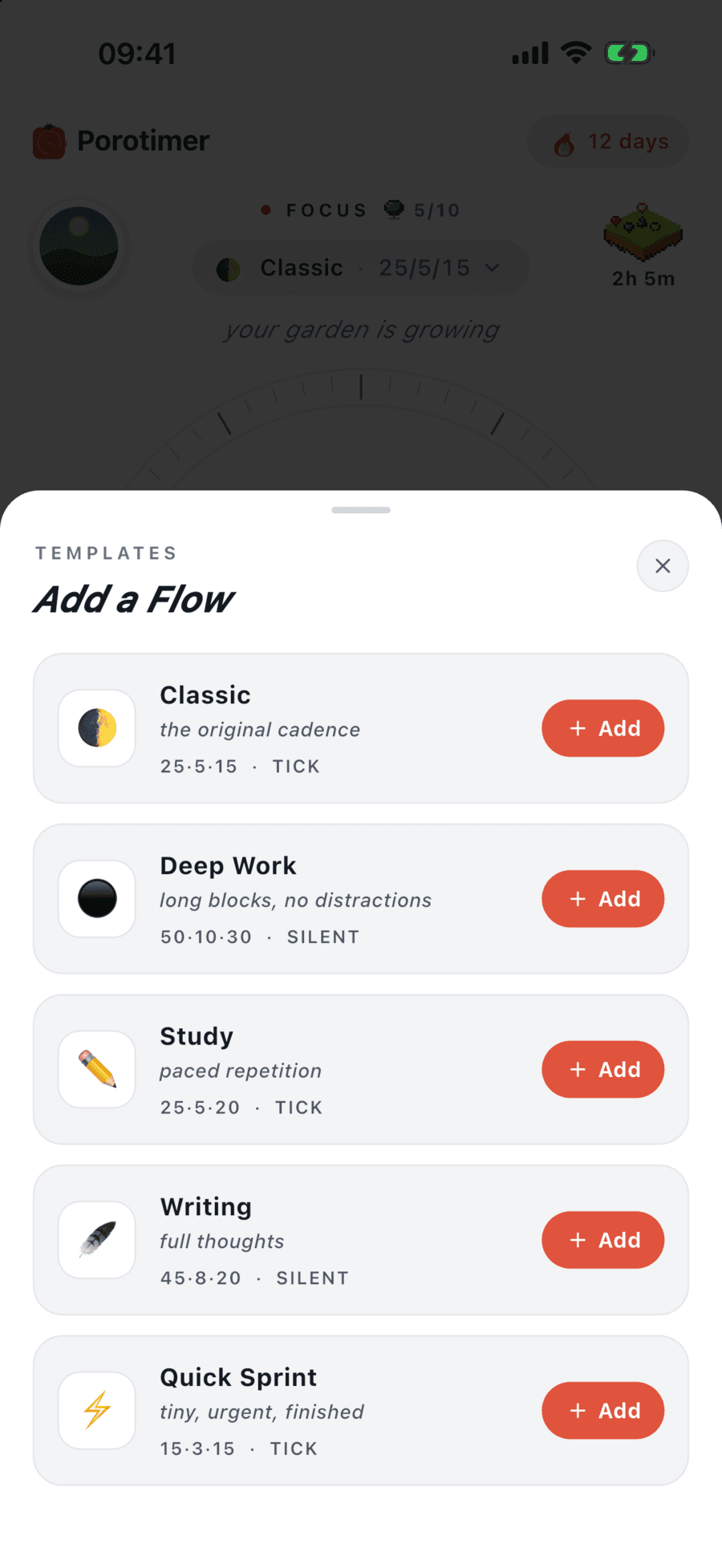 Add a Flow: Classic, Deep Work, Study, Writing and Quick Sprint