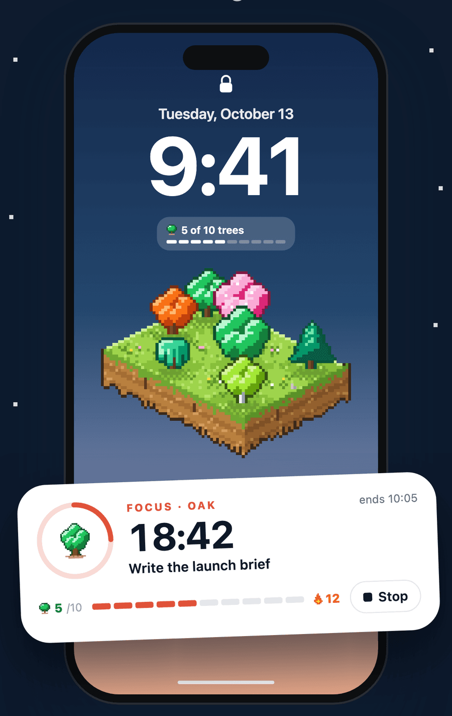 The Lock Screen with a 5 of 10 trees widget and a Live Activity counting down 18:42