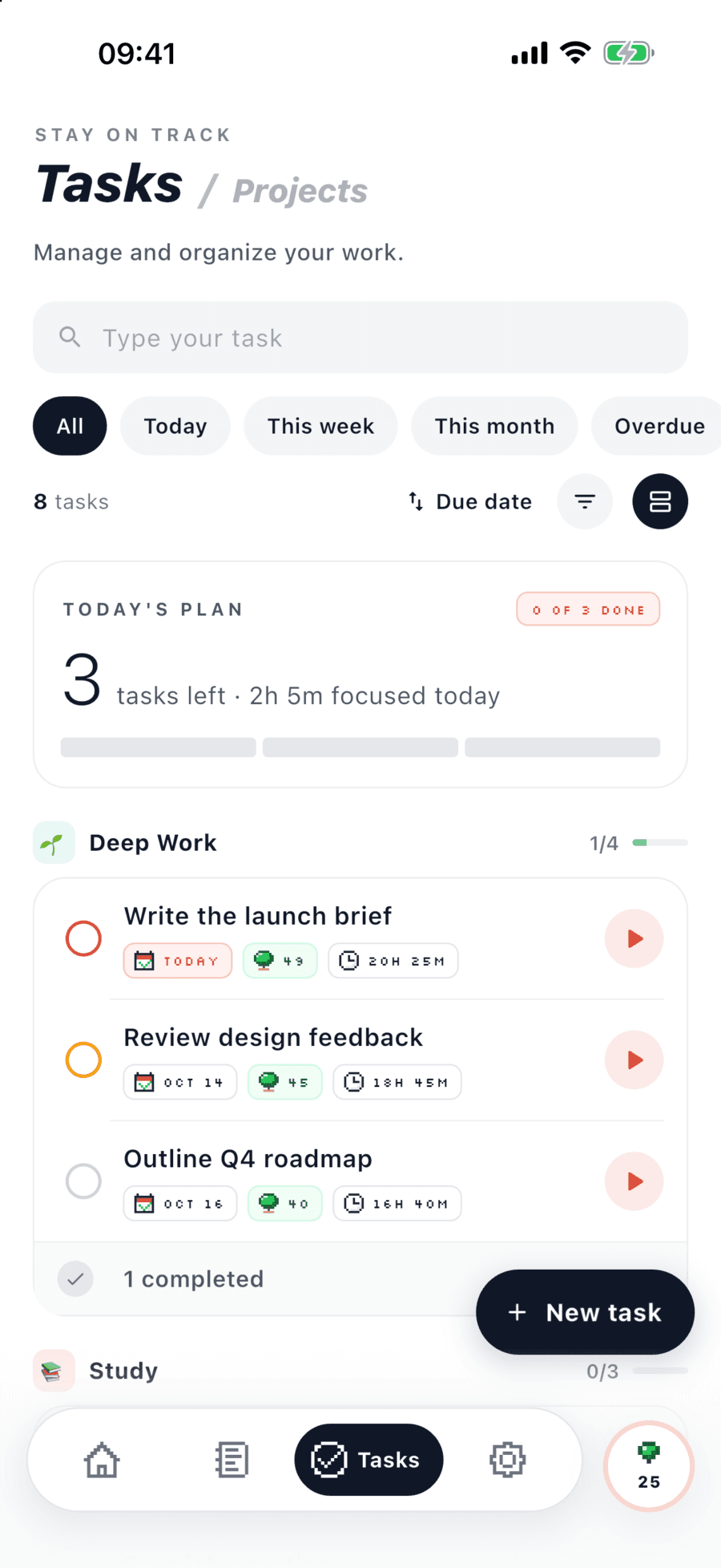 Tasks with today's plan and a Deep Work project