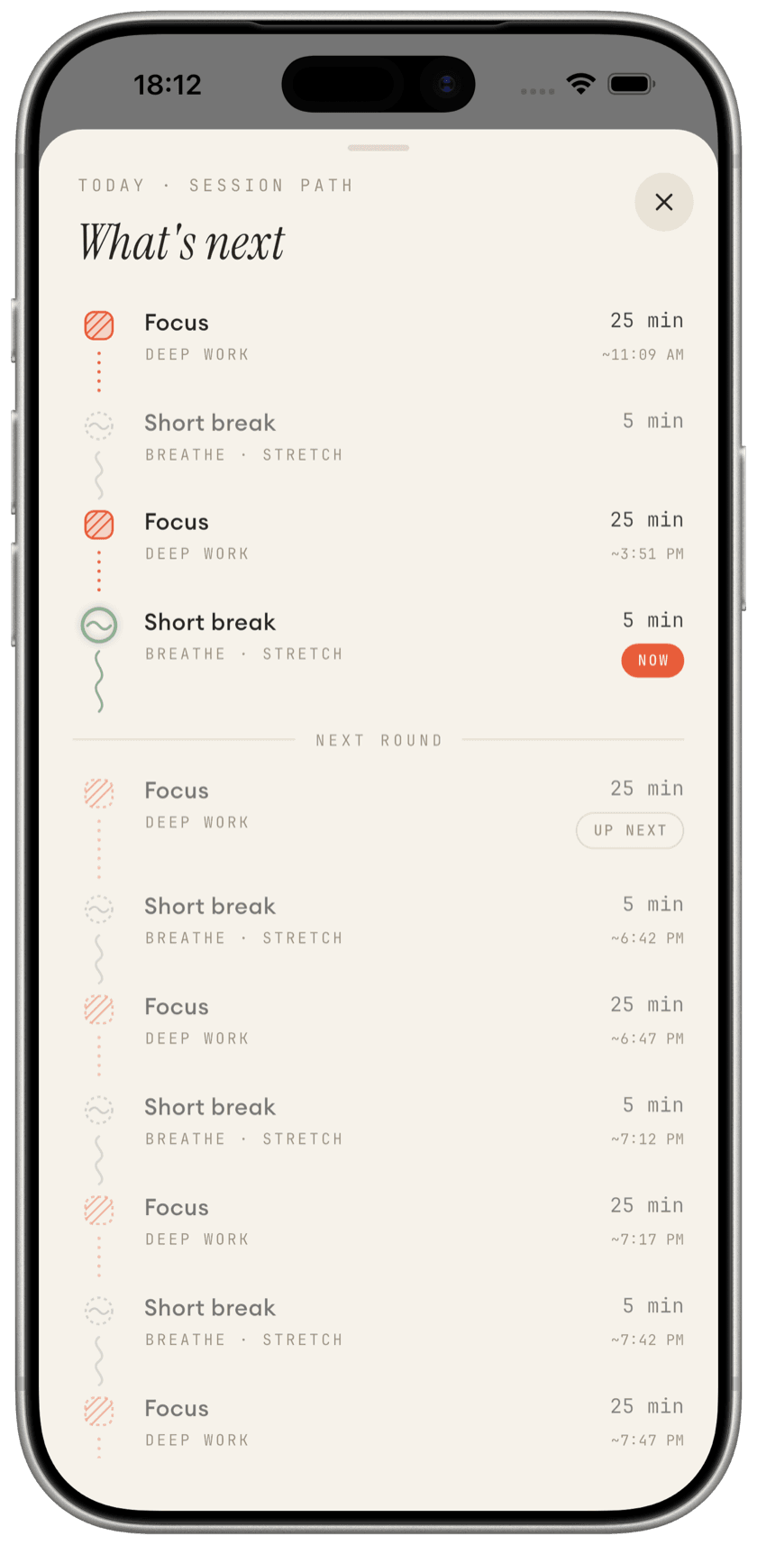 Porotimer app — today's session path