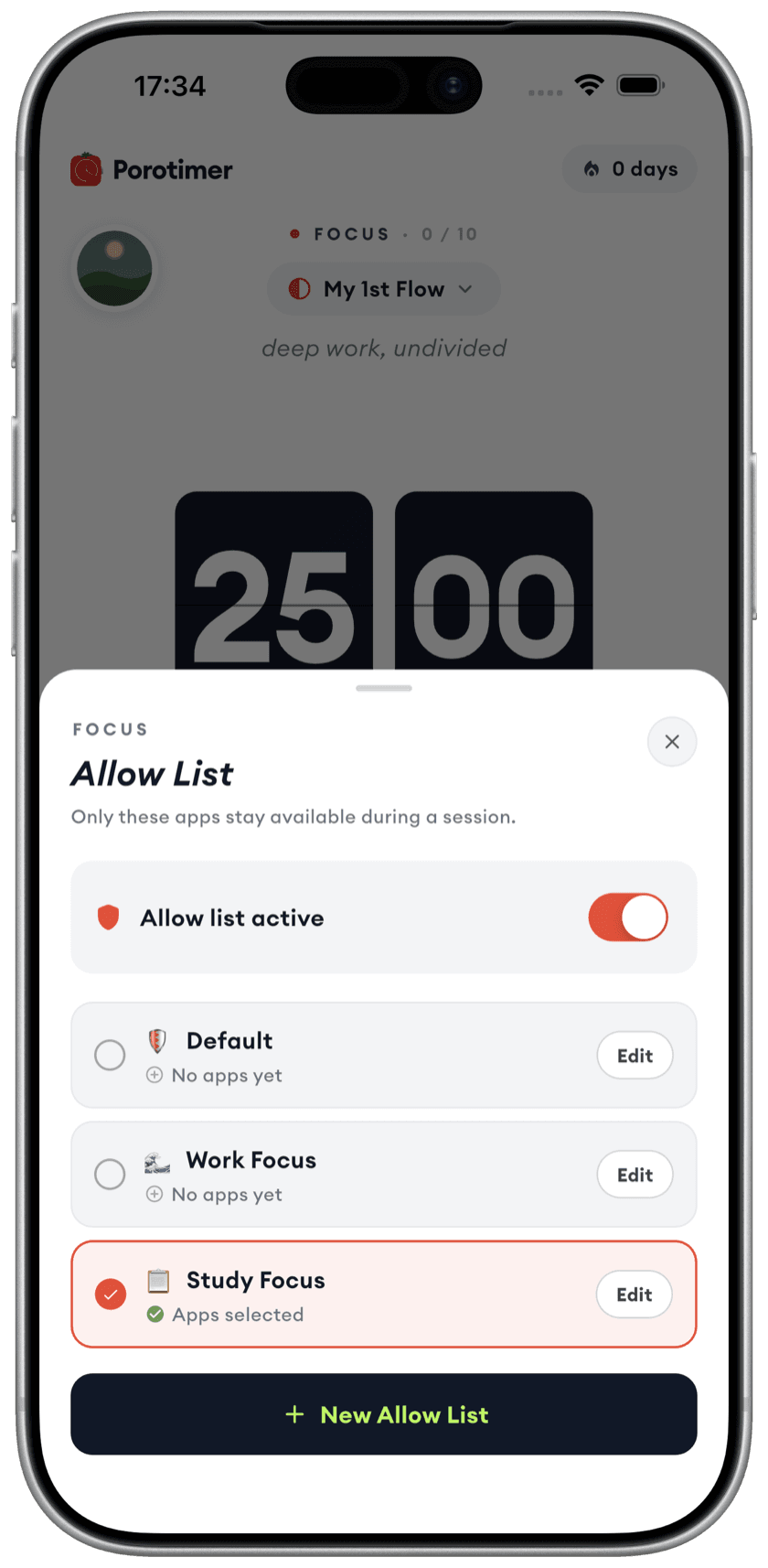 Porotimer app — focus allow list