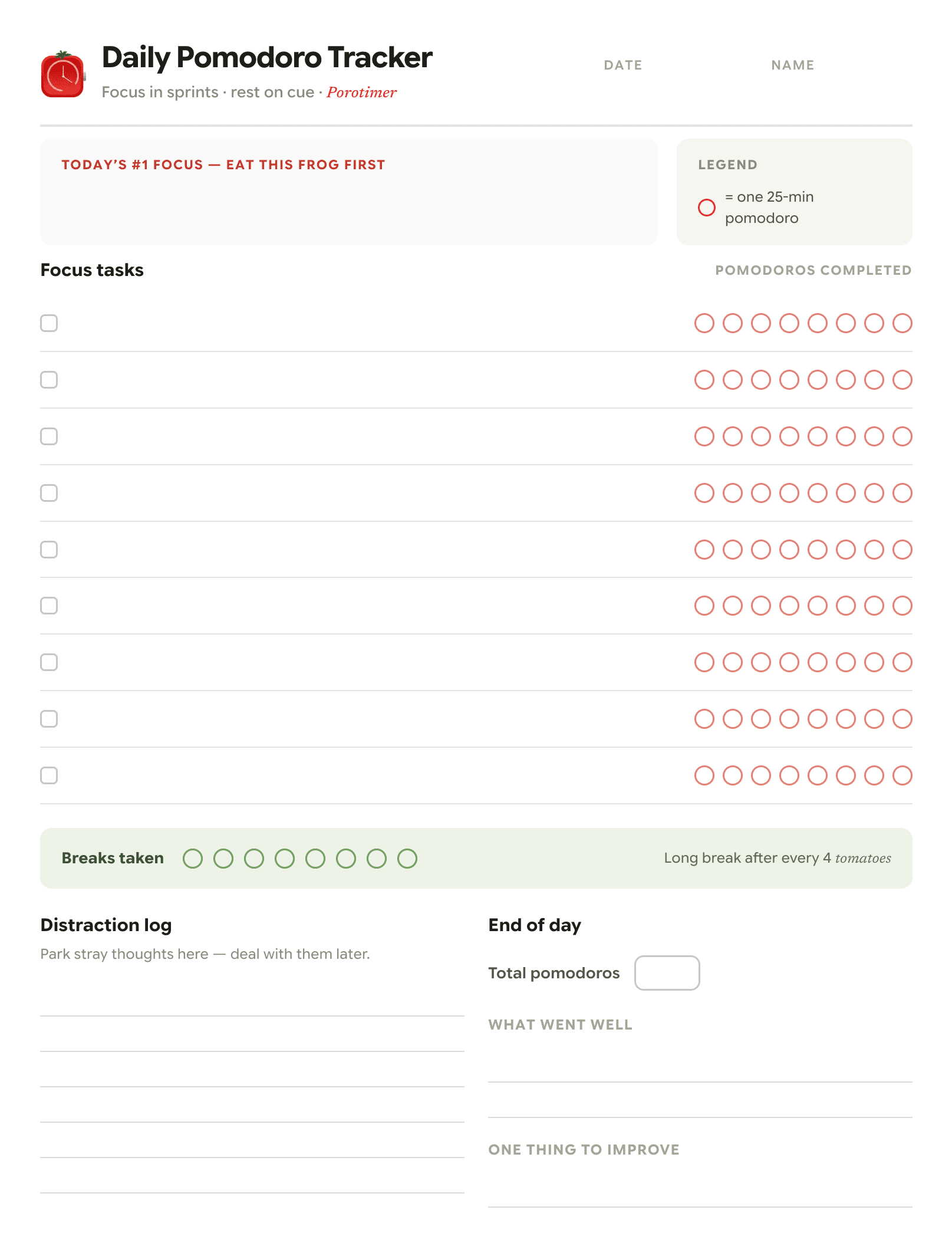 Printable Pomodoro tracking template