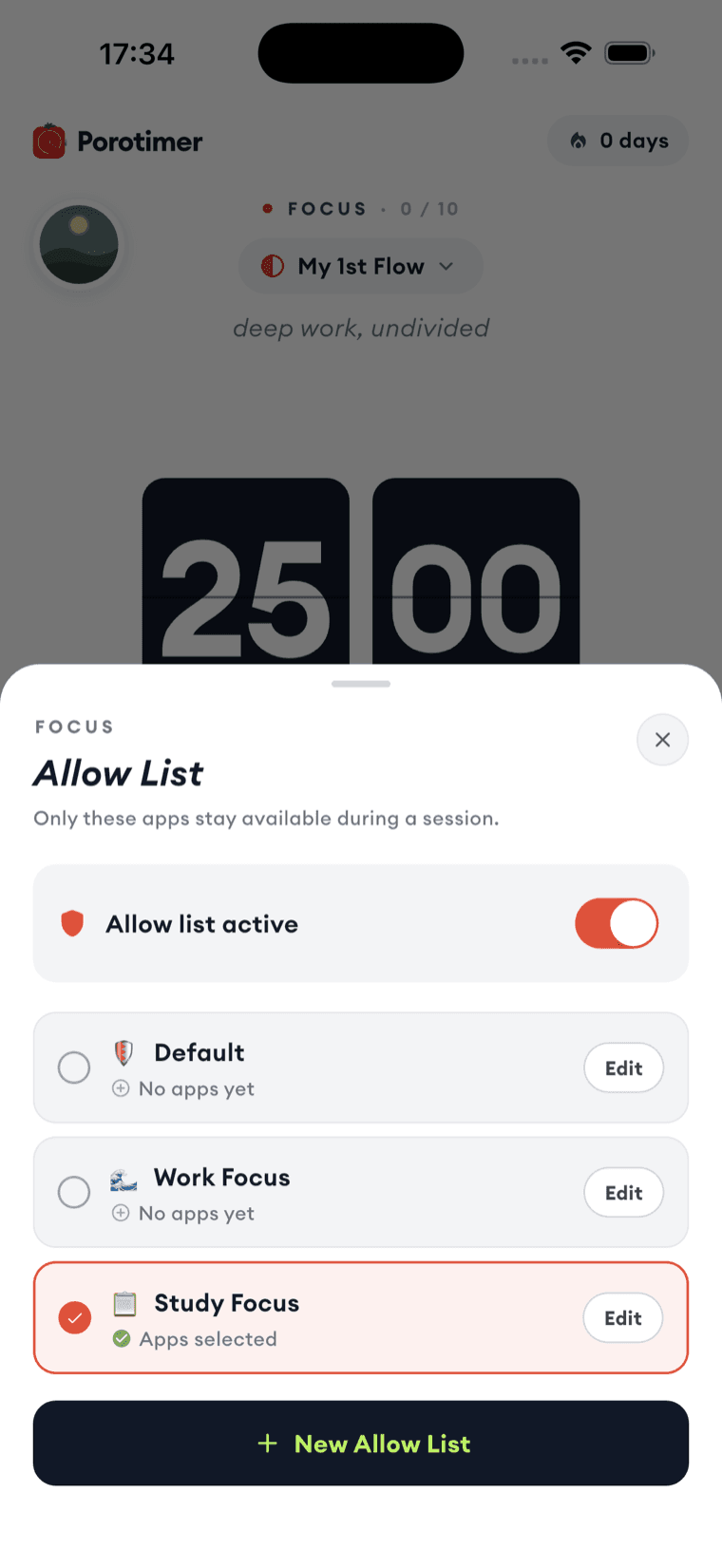 The Allow List sheet, with a master toggle and three named lists