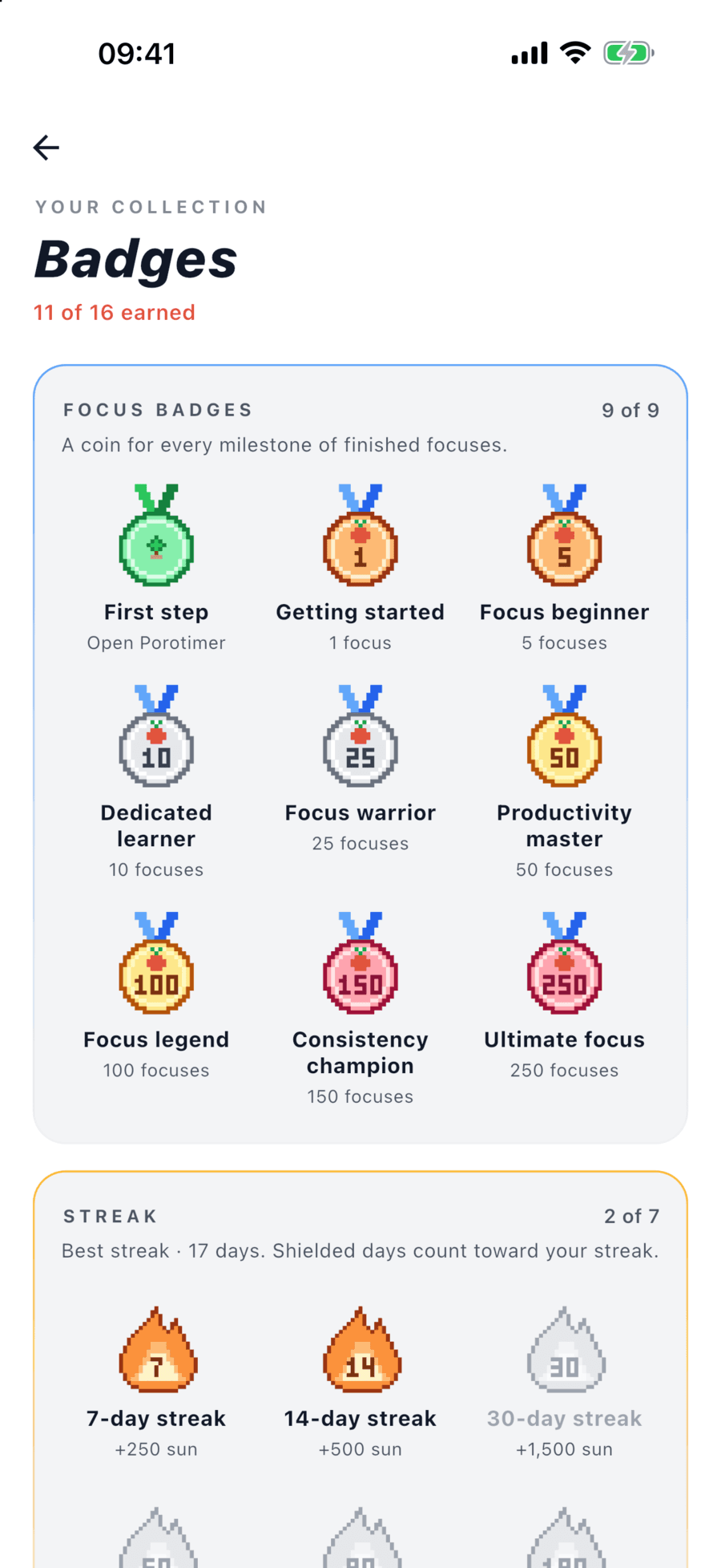 The Badges screen, with nine focus badges earned and the streak badges below