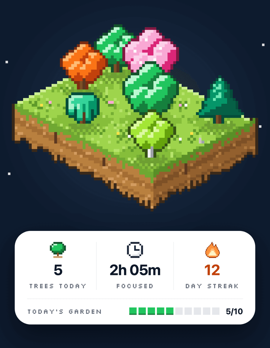 Today's island, with five trees, the focus time and the day streak