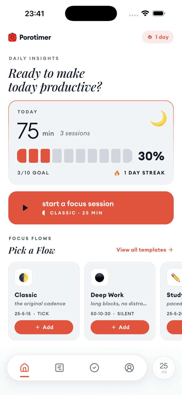 The home screen, showing today's minutes, the goal row, the streak and a one-tap start