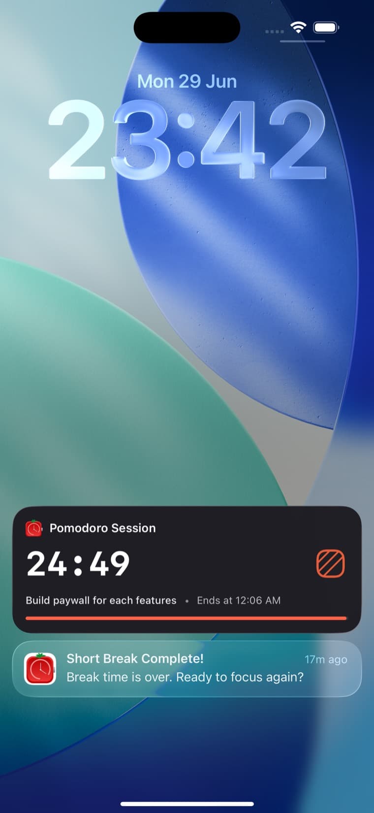 A Pomodoro session on the Lock Screen, with the task, countdown, end time and progress bar