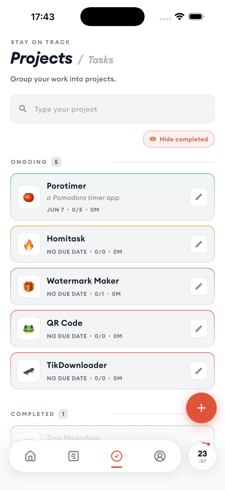 The projects list, each project showing its due date, task count and tracked time