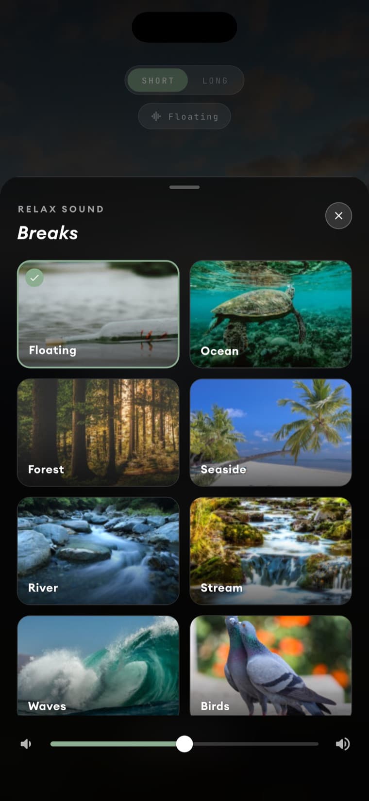 The relax sound picker, showing eight ambient scenes
