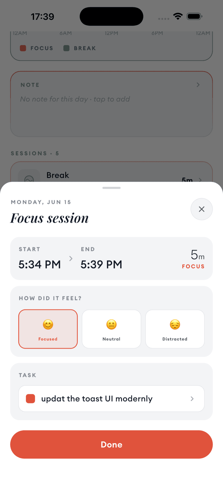 A focus session's detail sheet, with start and end times, a mood rating and the task