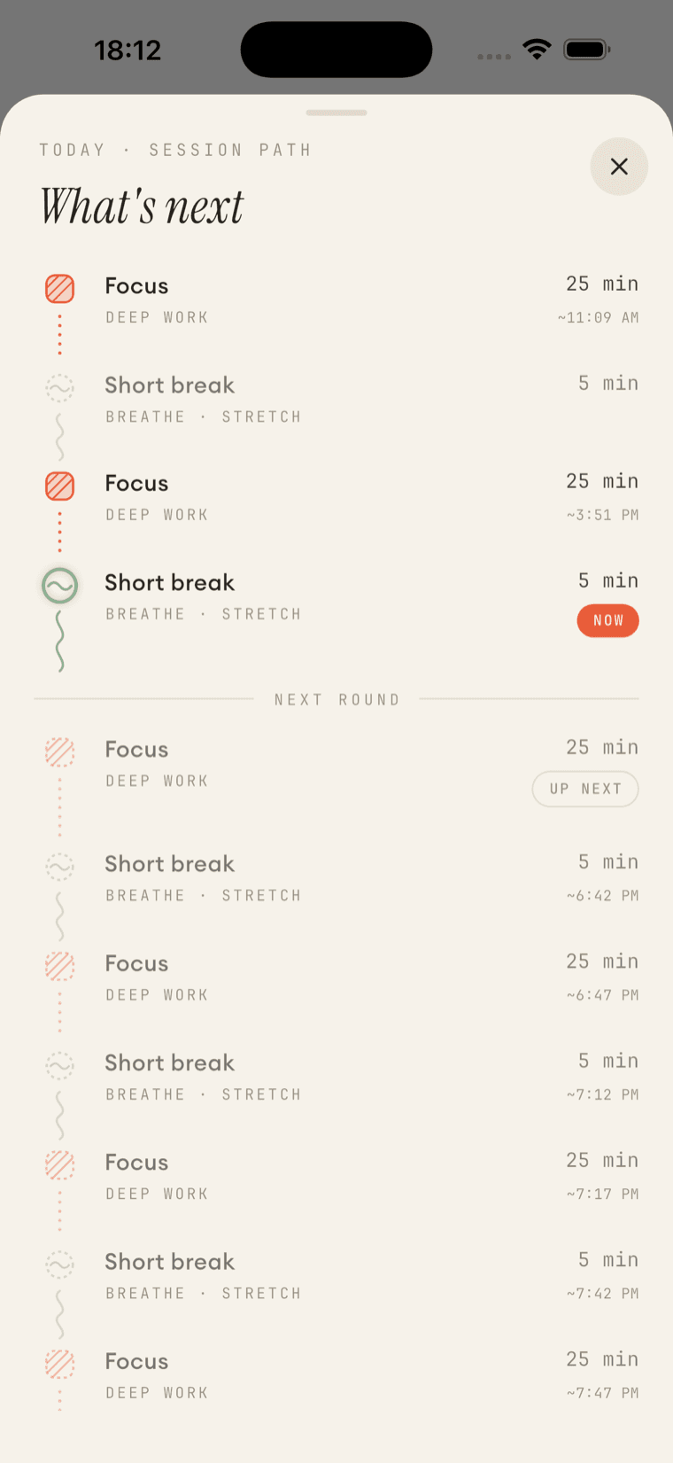 The session path, showing focus and break blocks with estimated times, a NOW marker and an UP NEXT marker
