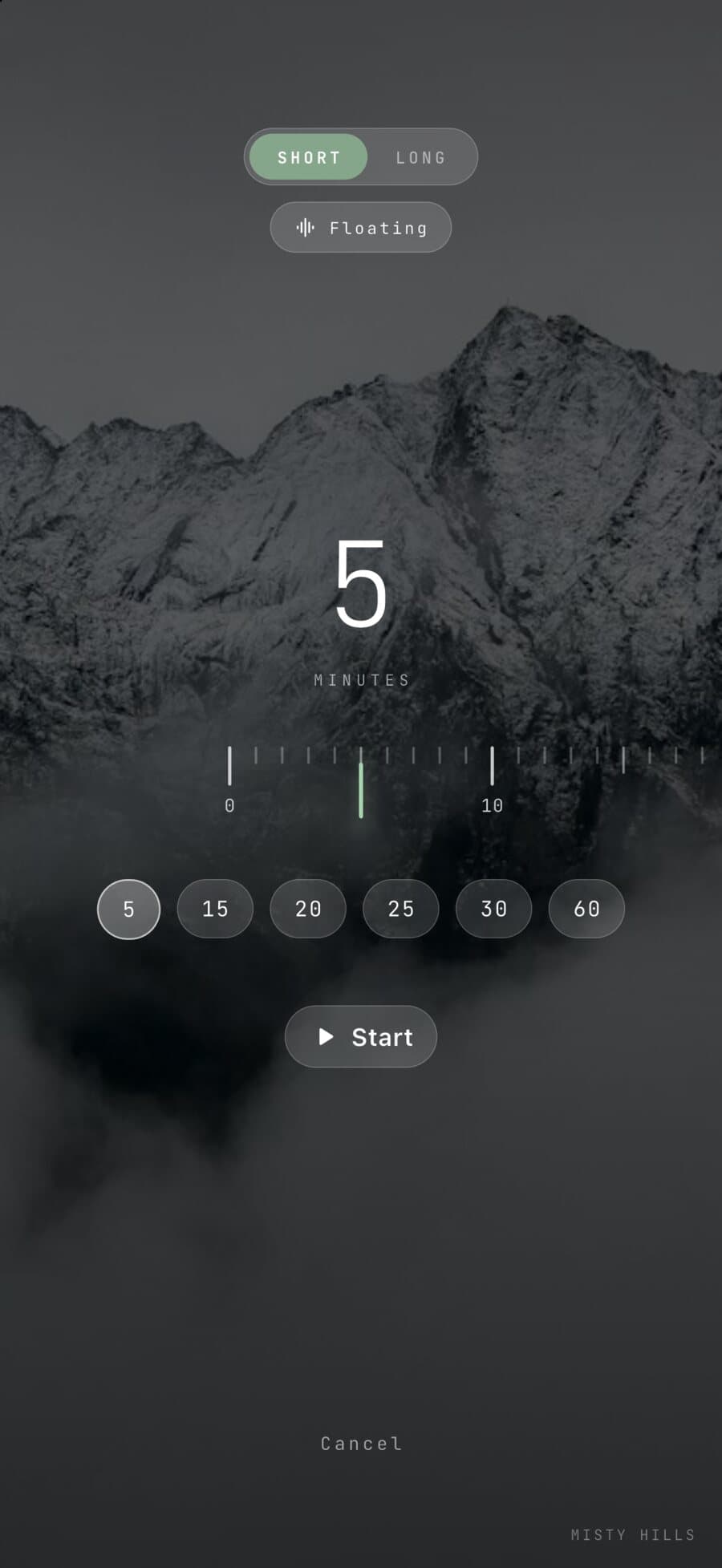 The break screen: a misty mountain scene with break lengths to choose from