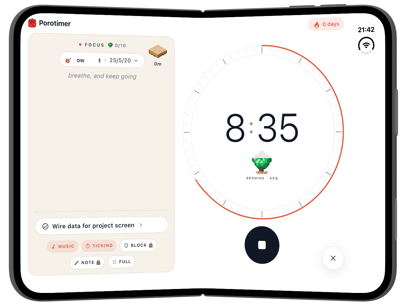 Porotimer on an unfolded iPhone Duo: the Flow, task and sound controls on the left, a focus session counting down with a growing oak on the right