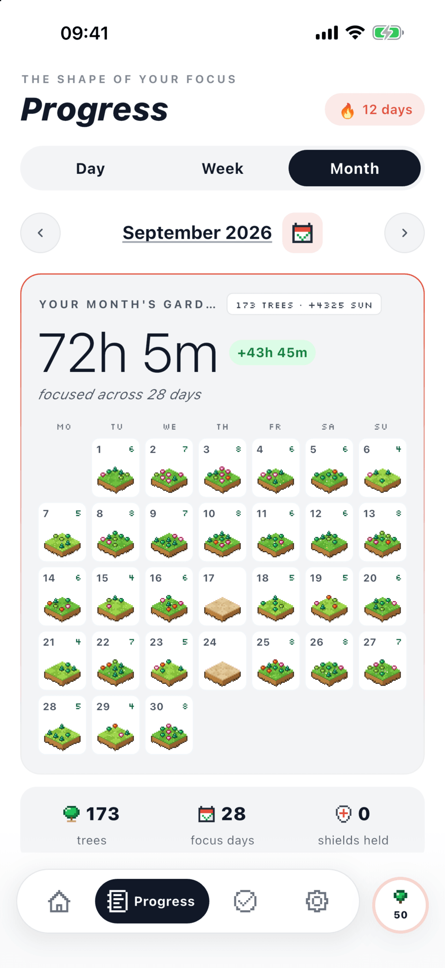 Progress, month view: a calendar of pixel trees, 72 hours focused across 28 days