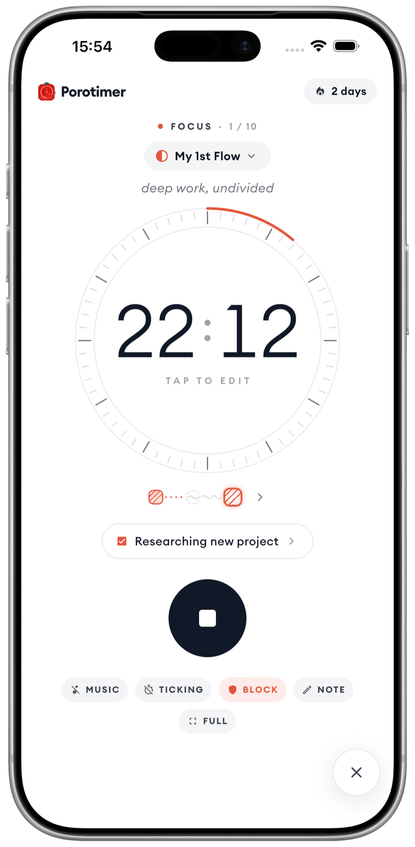 Porotimer app — the focus dial counting down 22:12, with the current task beneath it and the music, ticking, block and note controls below that